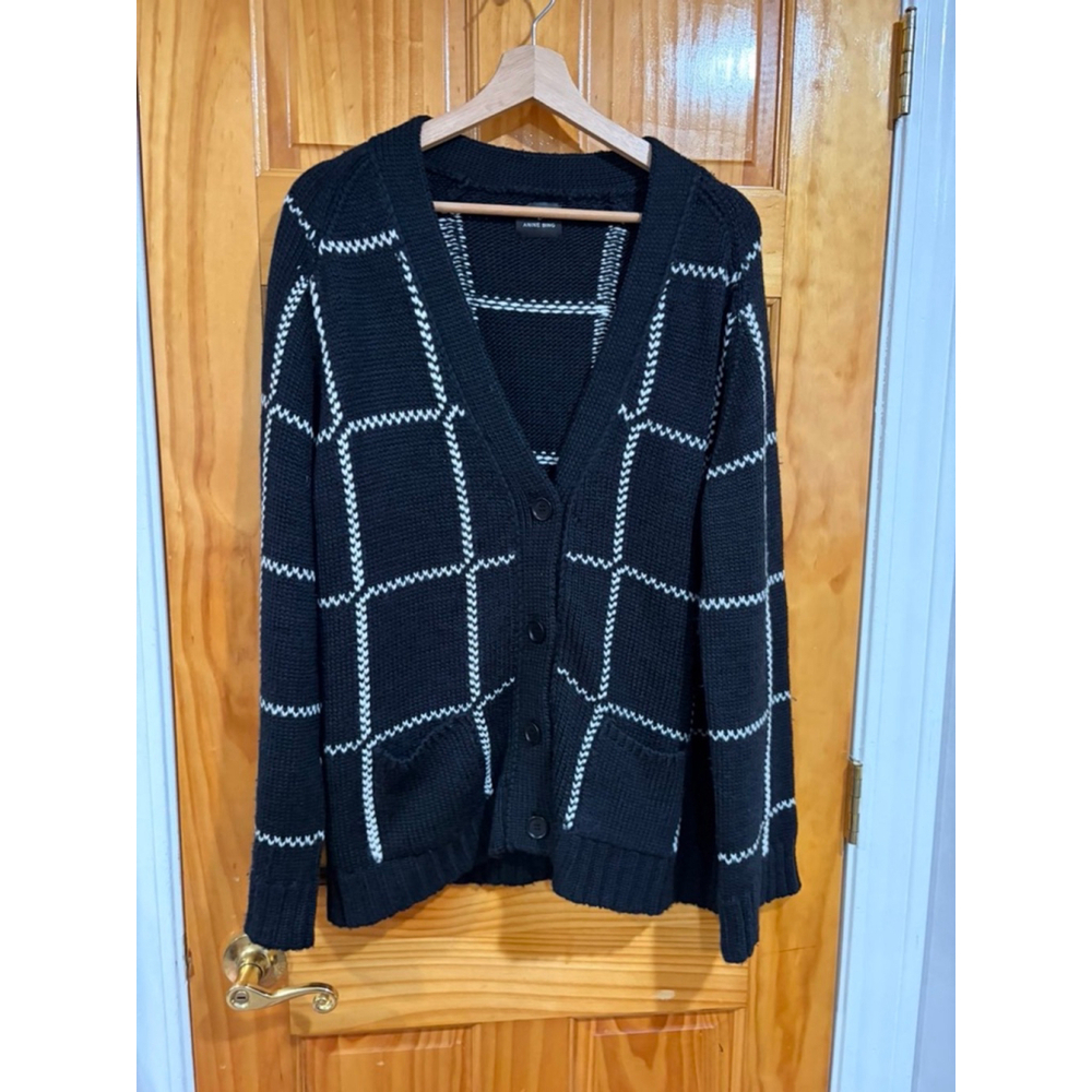 Anine Bing Kurt Cardigan Black White Windowpane Check Merino Wool Blend Size Med